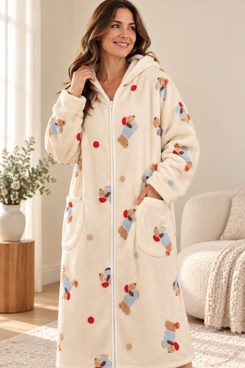 Women's Plush Printed Hooded Zip-Up Fleece Robe