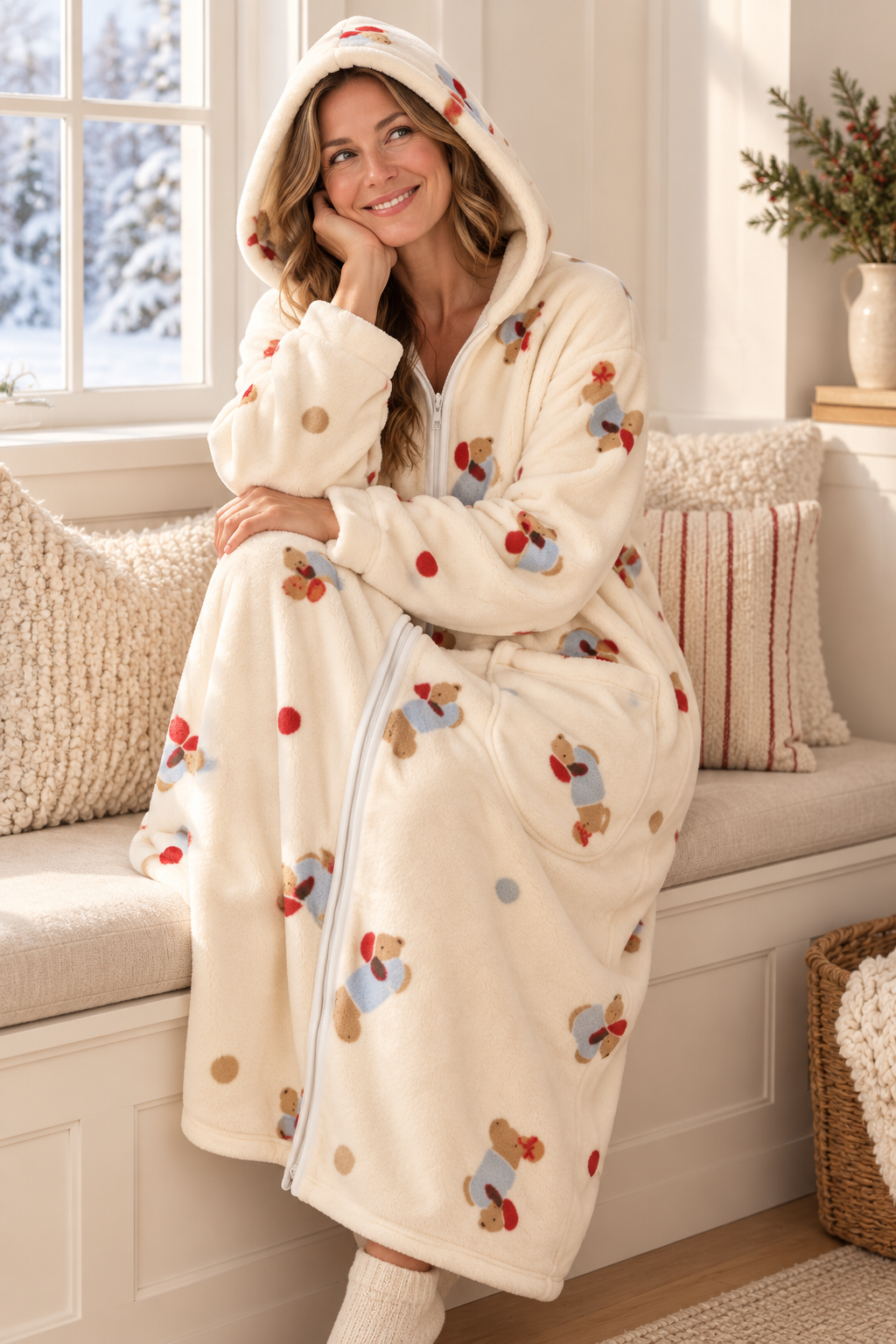 Women's Plush Printed Hooded Zip-Up Fleece Robe