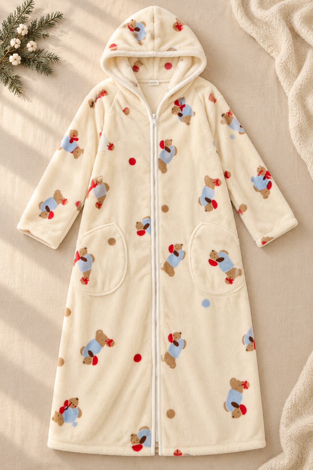Women's Plush Printed Hooded Zip-Up Fleece Robe