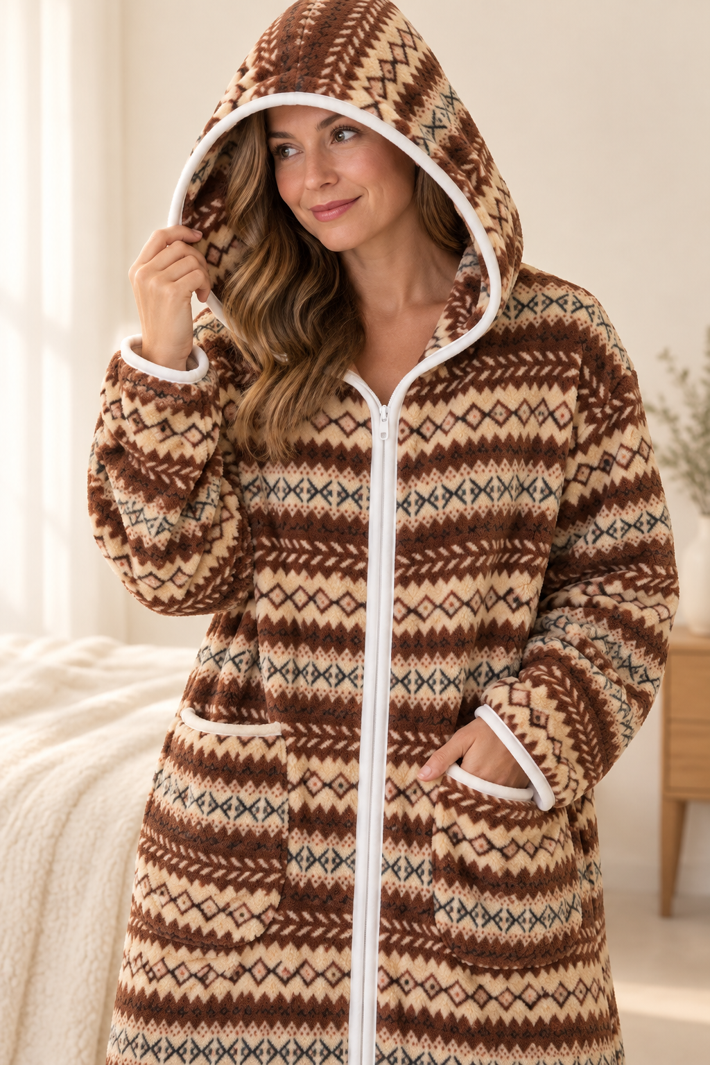 Women's Plush Printed Hooded Zip-Up Fleece Robe