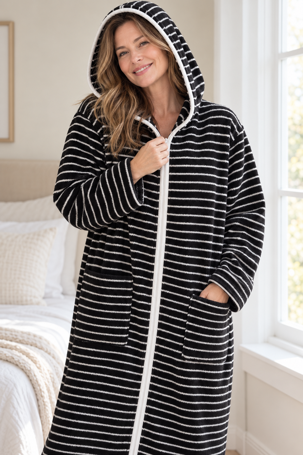 Women's Plush Printed Hooded Zip-Up Fleece Robe