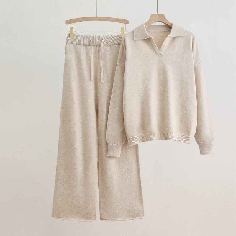 Women's Polo Collar Elegant Set | Wide-Leg Sweater