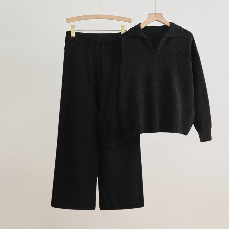 Women's Polo Collar Elegant Set | Wide-Leg Sweater