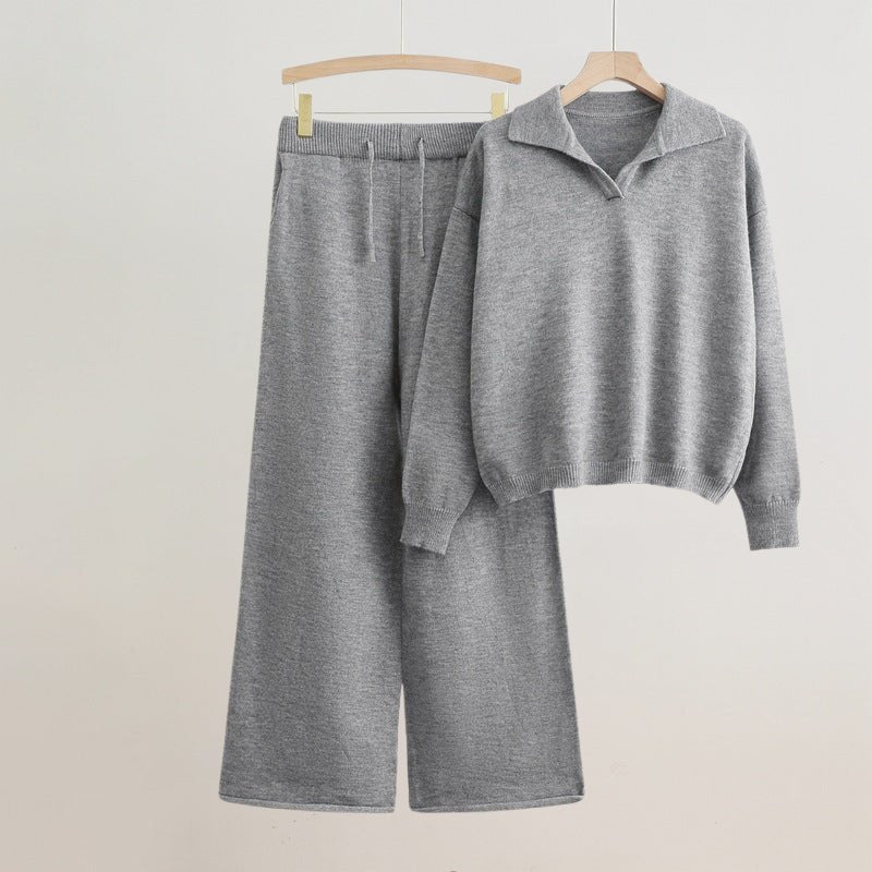 Women's Polo Collar Elegant Set | Wide-Leg Sweater