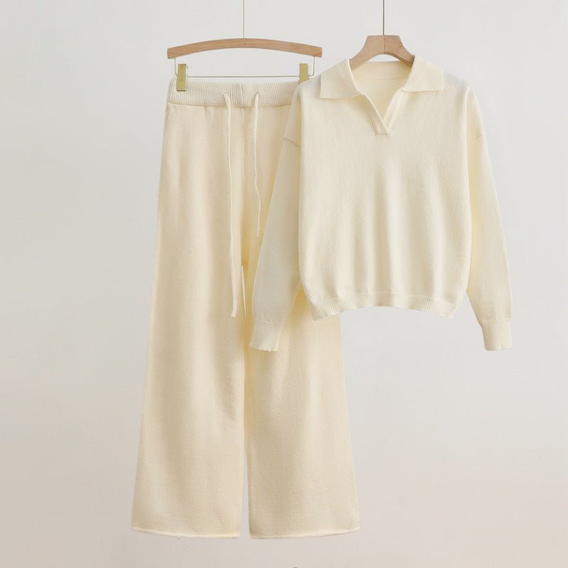 Women's Polo Collar Elegant Set | Wide-Leg Sweater