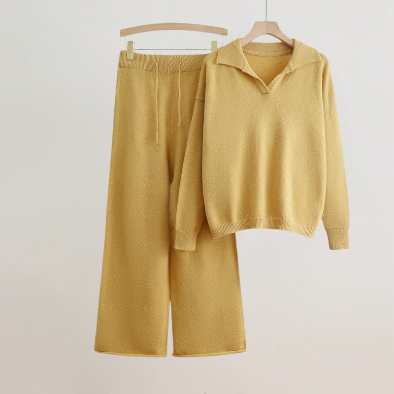 Women's Polo Collar Elegant Set | Wide-Leg Sweater