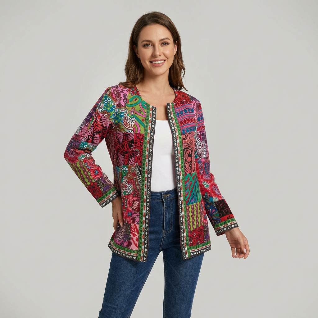 Women's Printed Open-Front Jacket with Long Sleeves