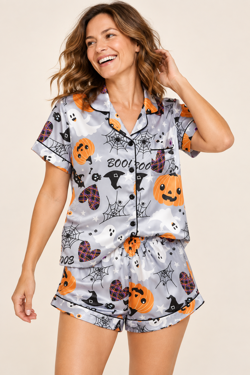 Women's Satin Halloween Pajama Set with Short Sleeve Top and Shorts