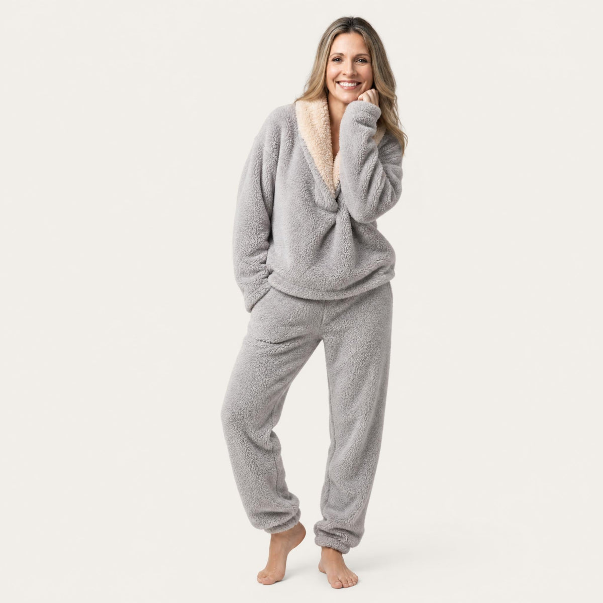 Women's Sherpa Fleece Pajama Set - Collared Top and Pants