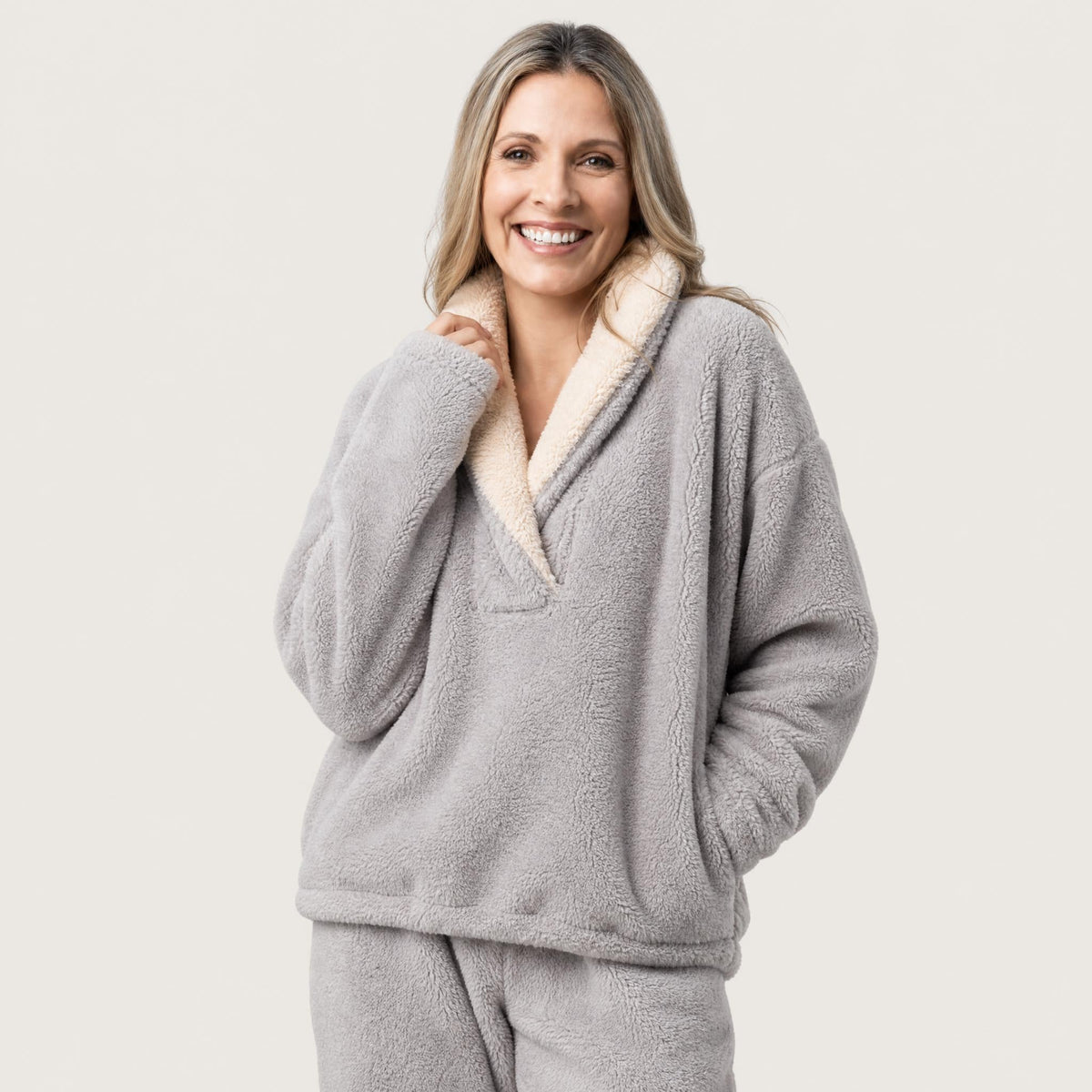 Women's Sherpa Fleece Pajama Set - Collared Top and Pants