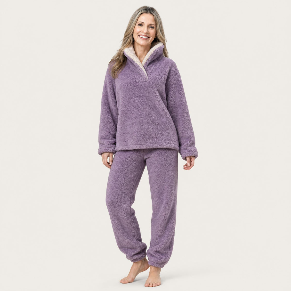 Women's Sherpa Fleece Pajama Set - Collared Top and Pants