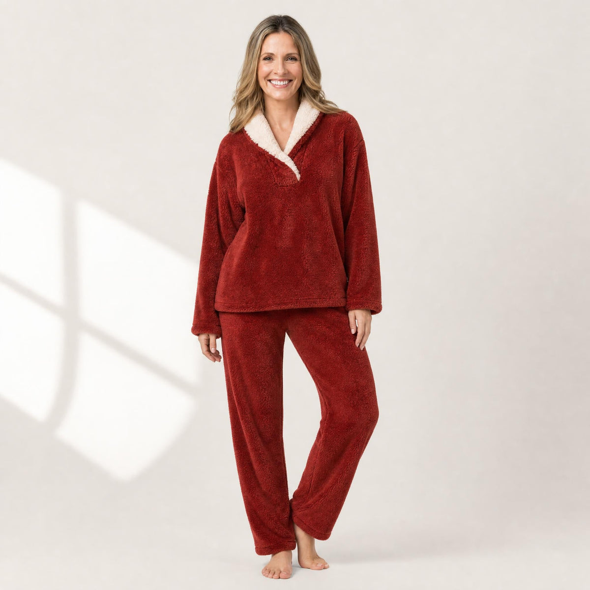 Women's Sherpa Fleece Pajama Set - Collared Top and Pants
