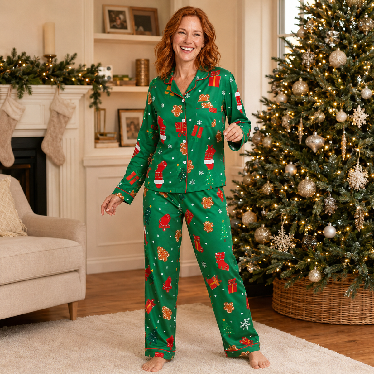 Women's Soft Stretch-Knit Christmas Tree Pajama Set