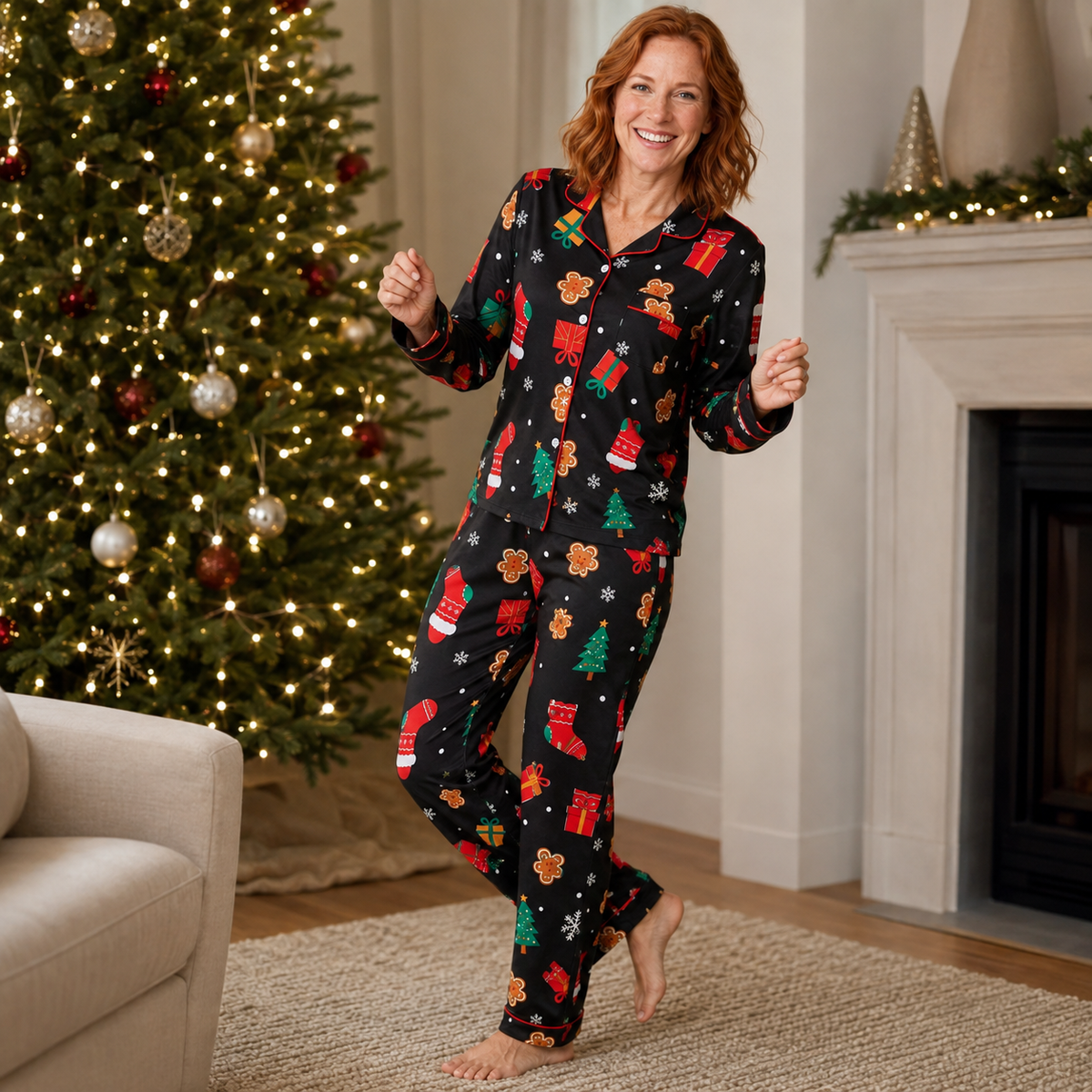 Women's Soft Stretch-Knit Christmas Tree Pajama Set