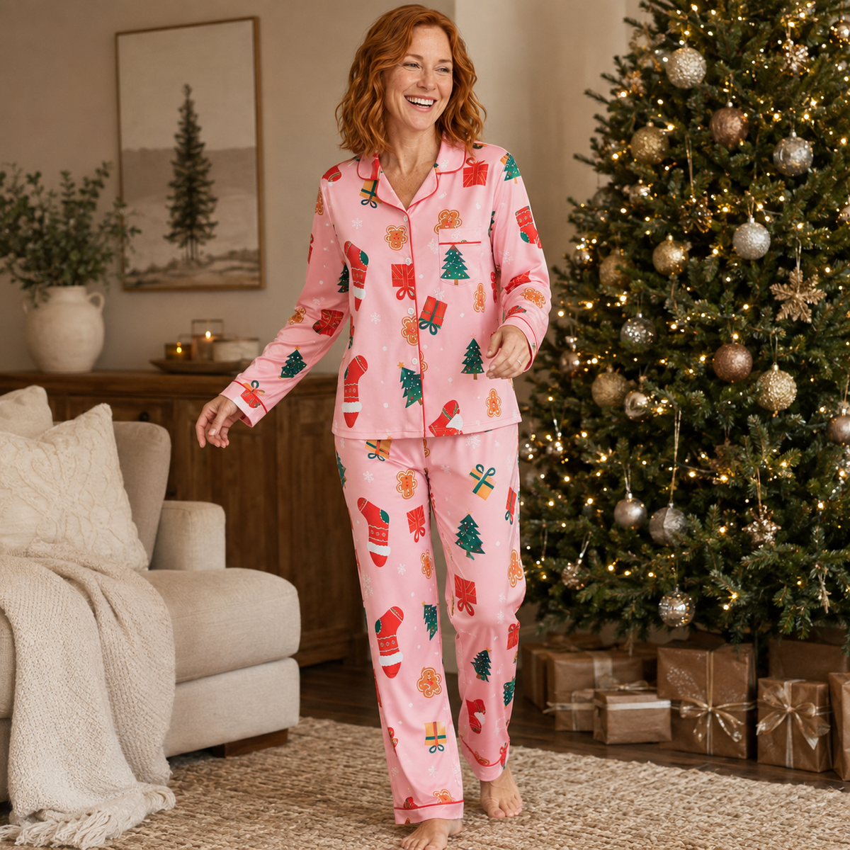 Women's Soft Stretch-Knit Christmas Tree Pajama Set