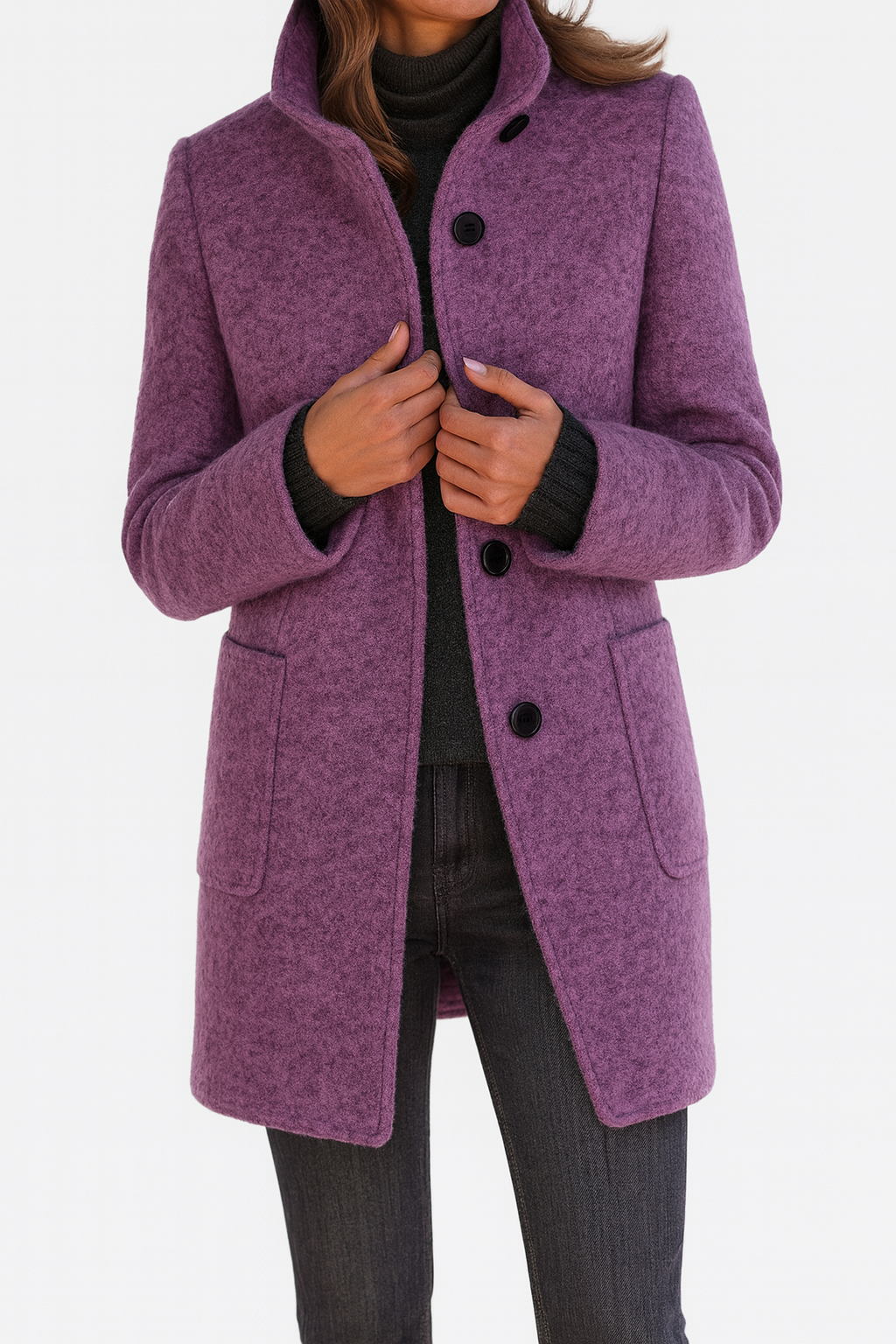 Women's Stand Collar Blazer Coat with Button Front and Patch Pockets