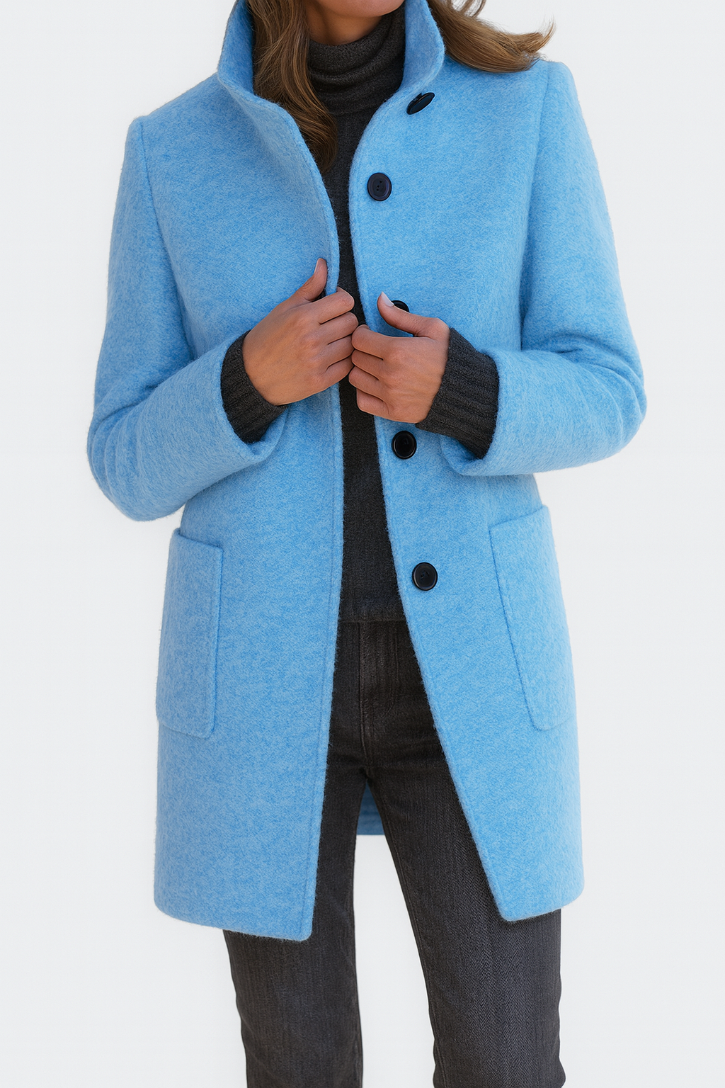 Women's Stand Collar Coat with Button Front and Patch Pockets