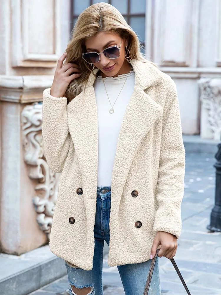 Women's Teddy Coat with Notch Lapel and Button Front