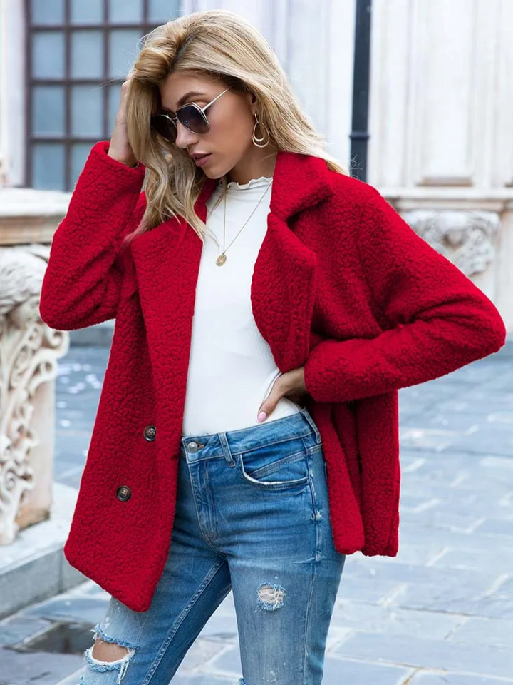 Women's Teddy Coat with Notch Lapel and Button Front