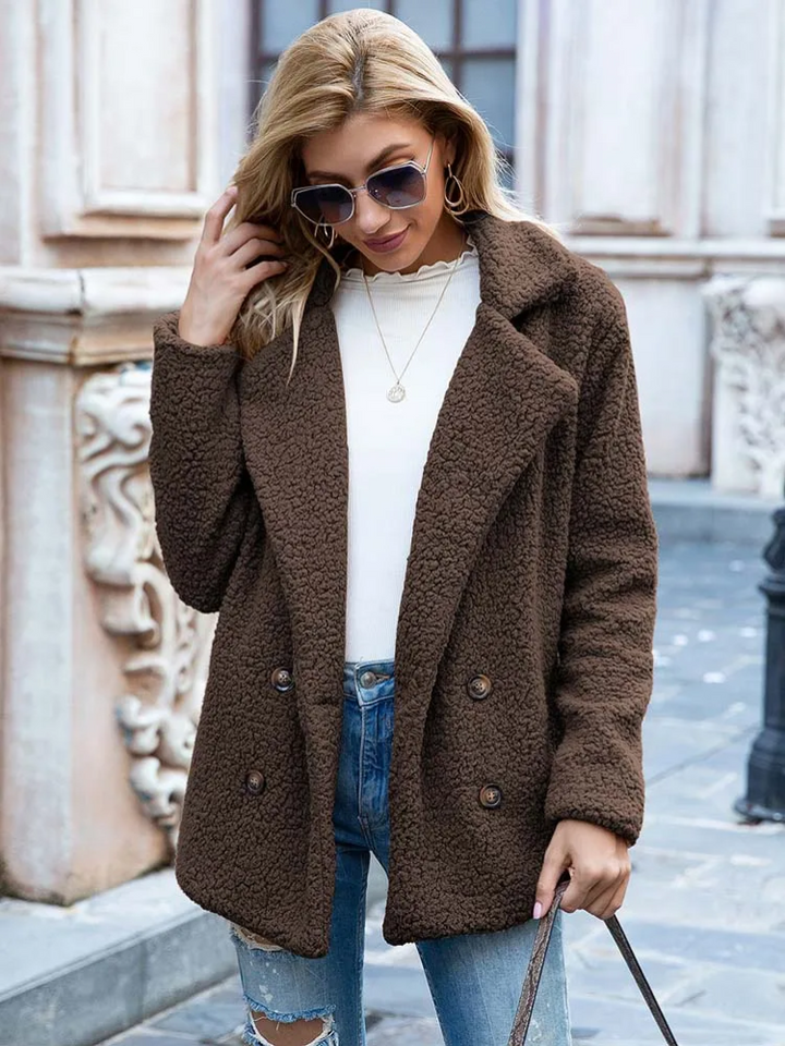 Women's Teddy Coat with Notch Lapel and Double-Breasted Front