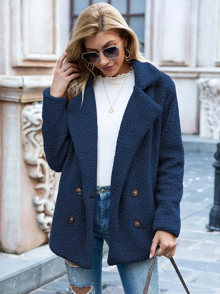 Women's Teddy Coat with Notch Lapel and Double-Breasted Front