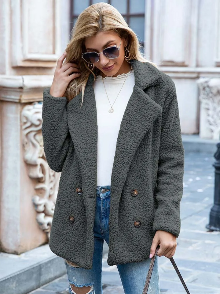 Women's Teddy Coat with Notch Lapel and Double-Breasted Front