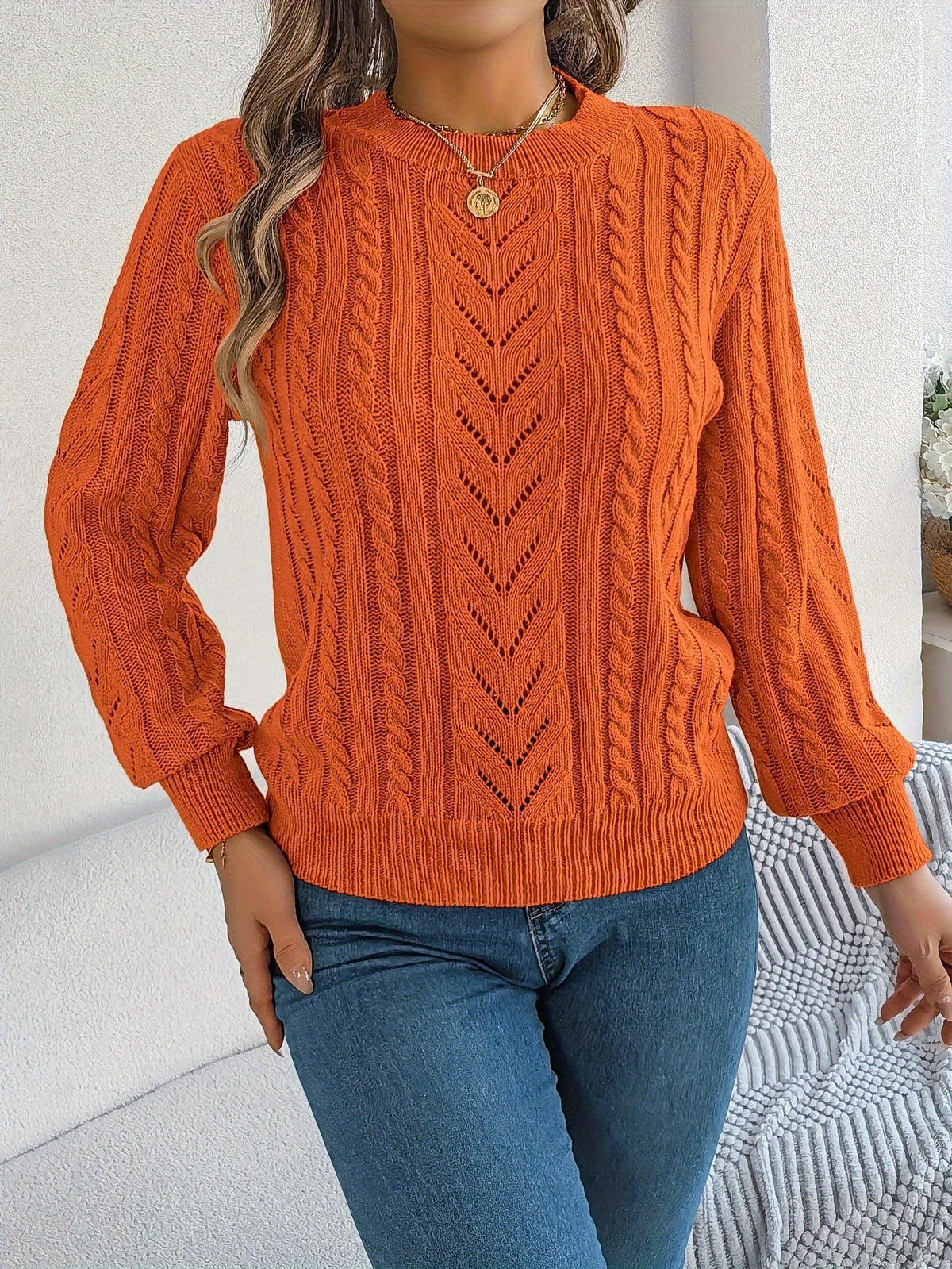 Women's Textured Crew Neck Cable Knit Sweater