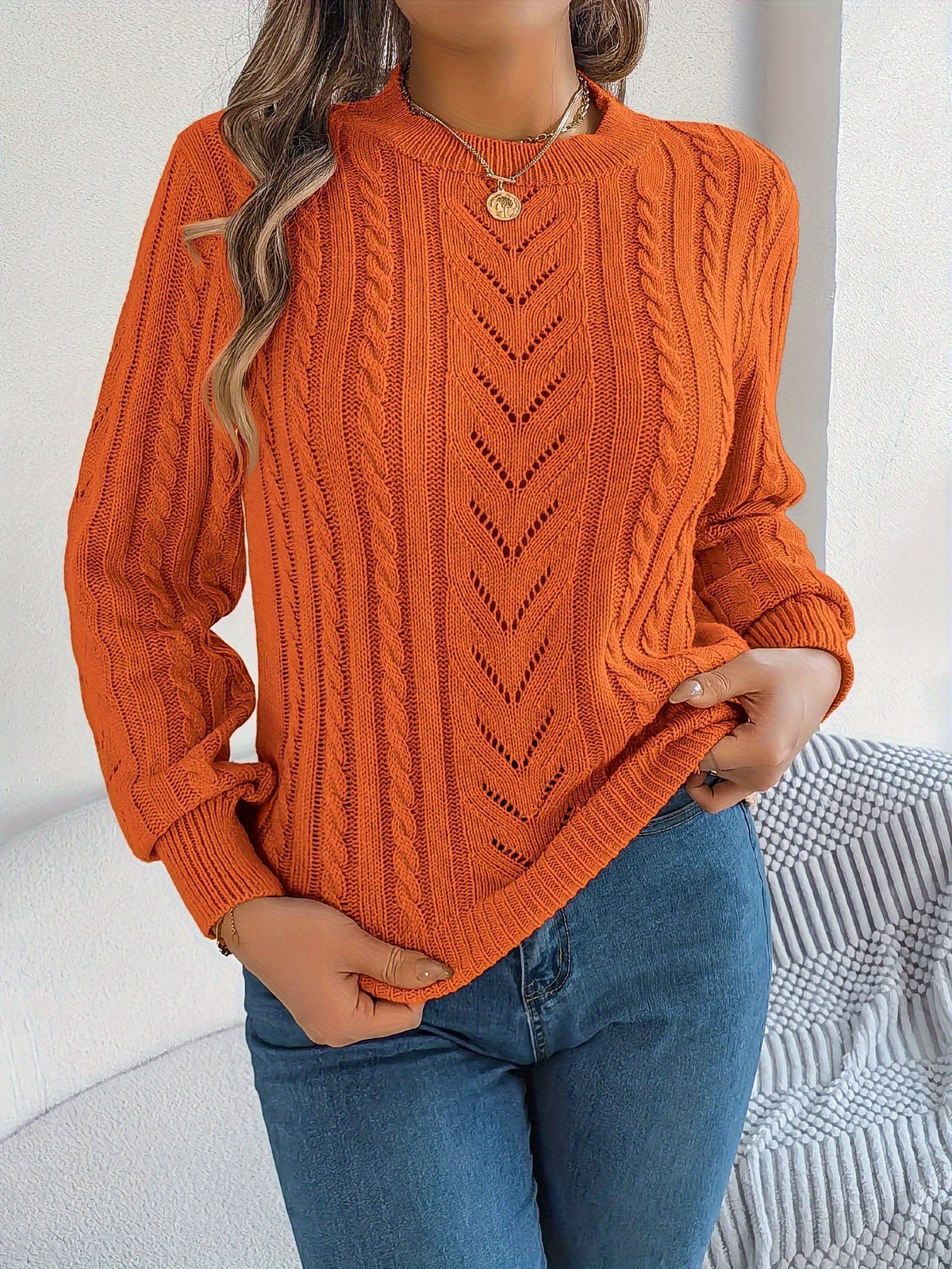 Women's Textured Crew Neck Cable Knit Sweater