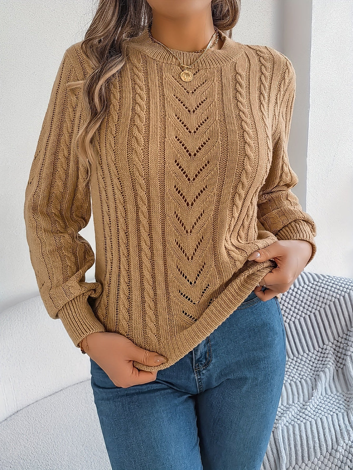 Women's Textured Crew Neck Cable Knit Sweater