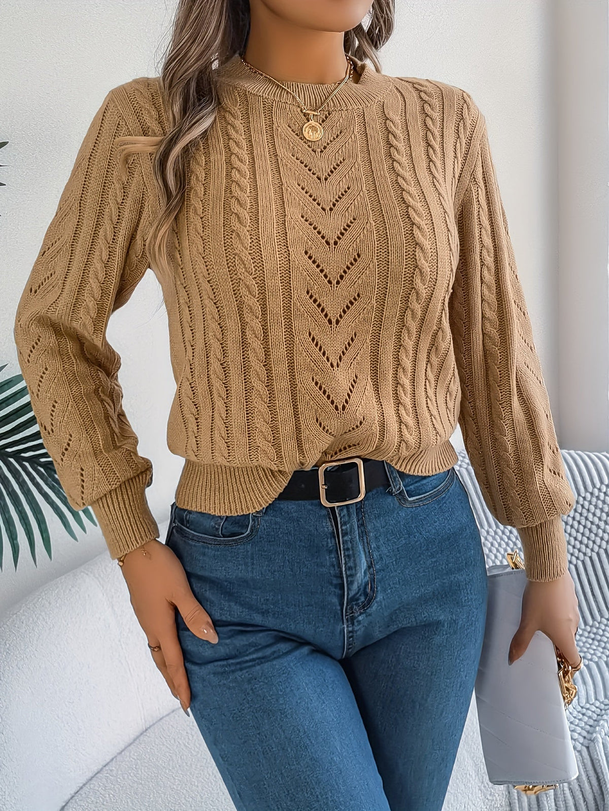Women's Textured Crew Neck Cable Knit Sweater