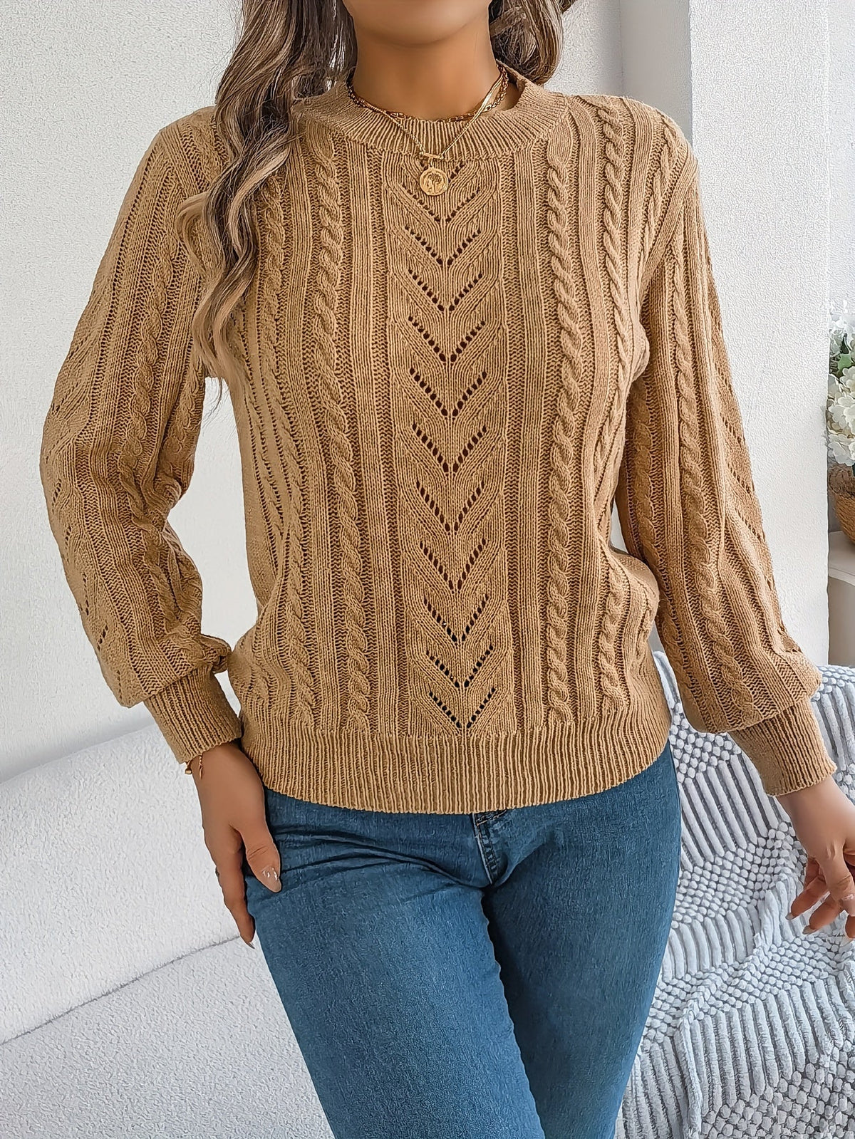 Women's Textured Crew Neck Cable Knit Sweater