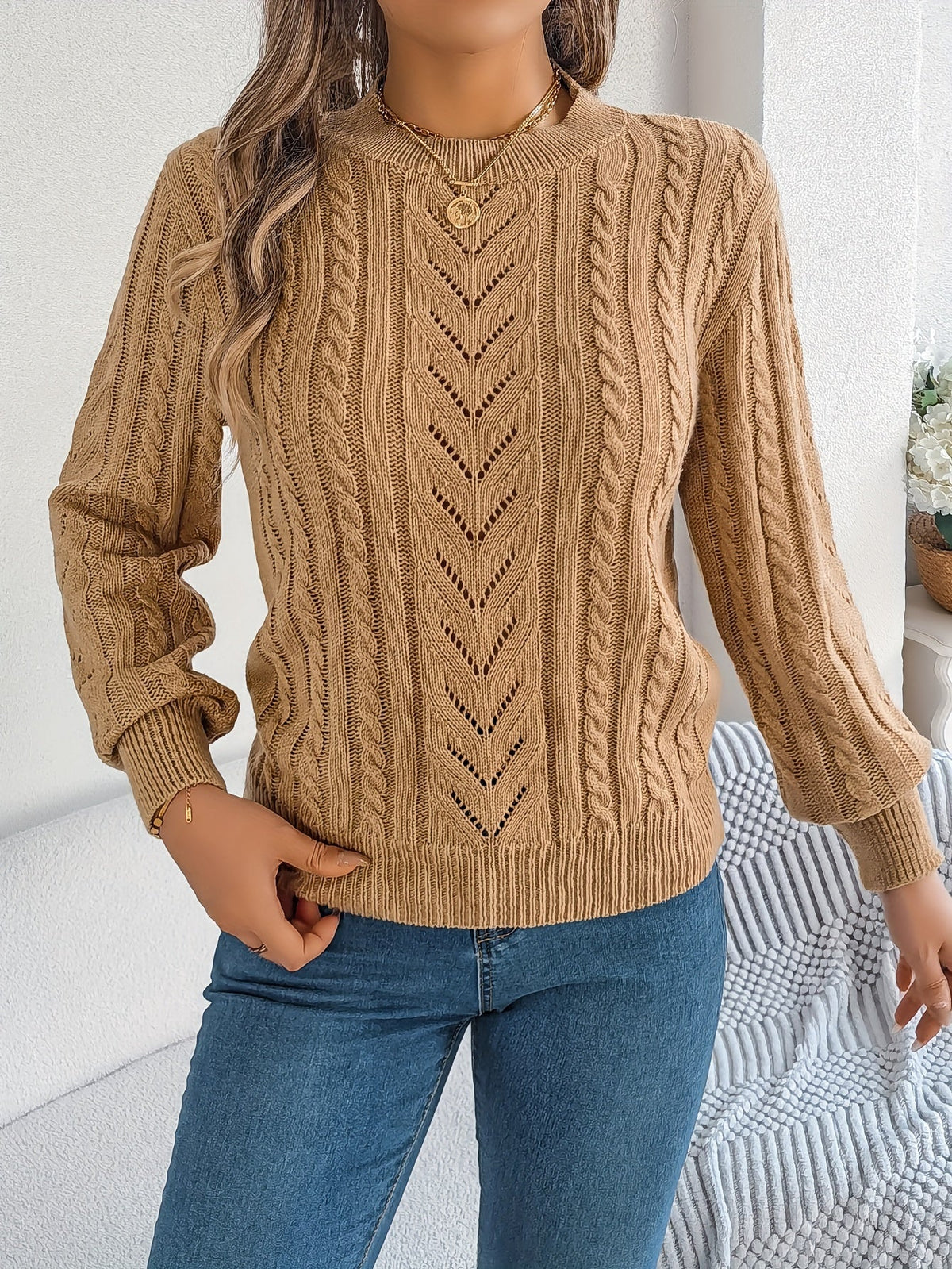 Women's Textured Crew Neck Cable Knit Sweater