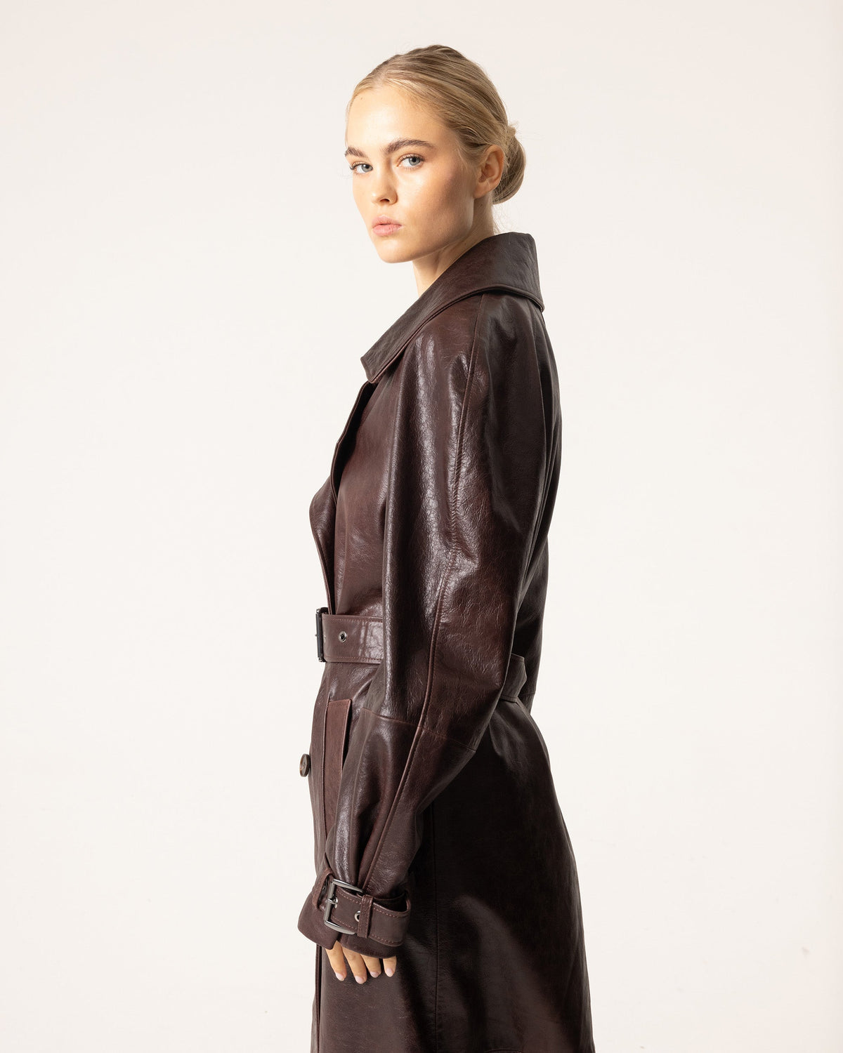 Women's Trench Coat with Belted Collar and Buckle Cuffs