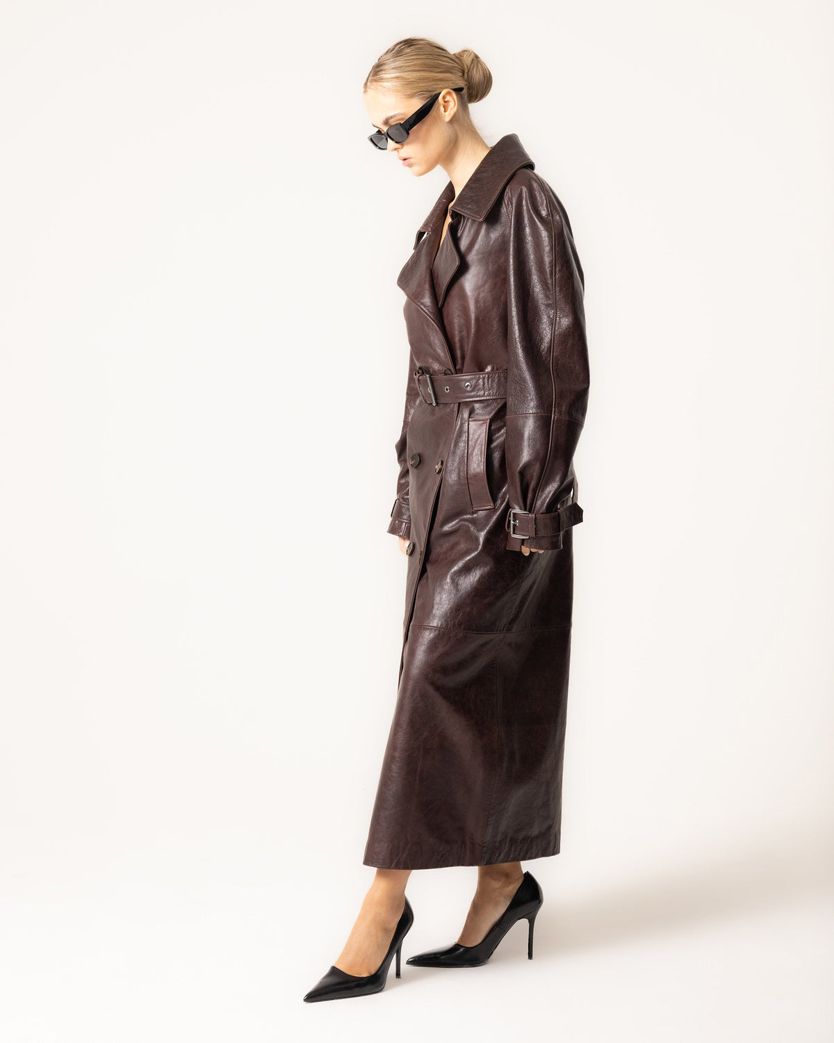 Women's Trench Coat with Belted Collar and Buckle Cuffs