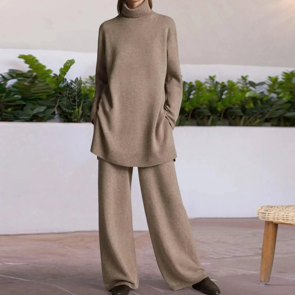 Women's Two Piece Sweater Set with Turtleneck and Wide-Leg Pants