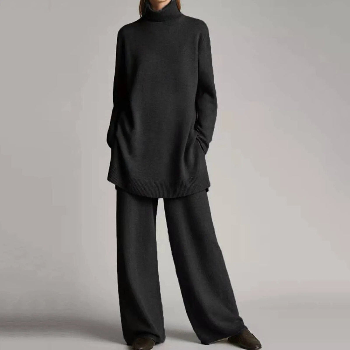 Women's Two Piece Sweater Set with Turtleneck and Wide-Leg Pants
