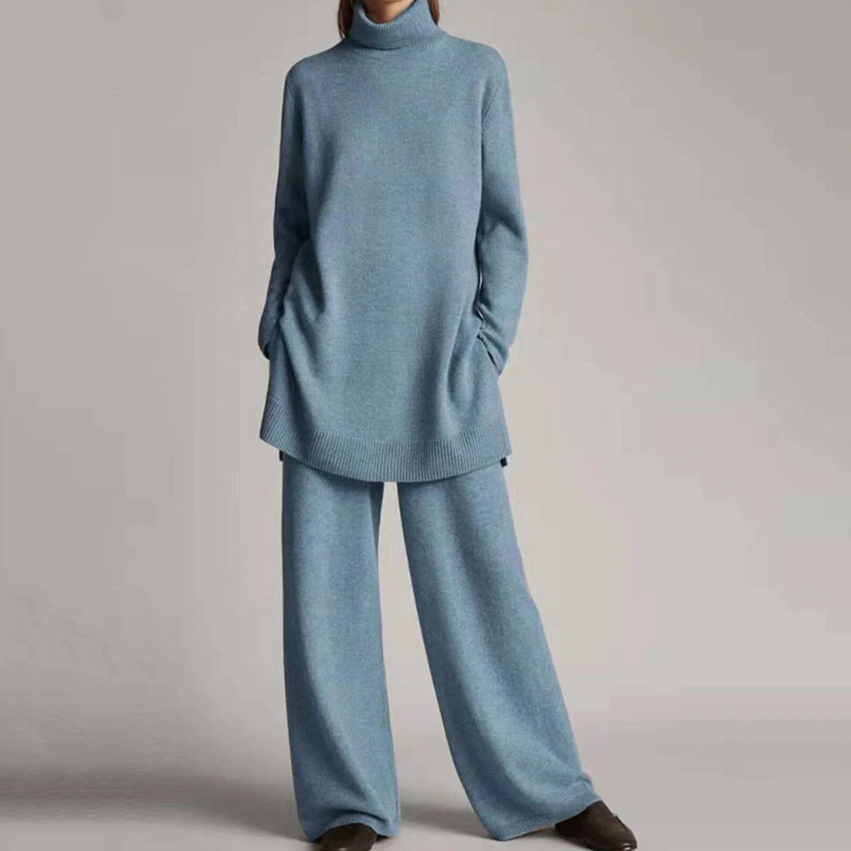 Women's Two Piece Sweater Set with Turtleneck and Wide-Leg Pants