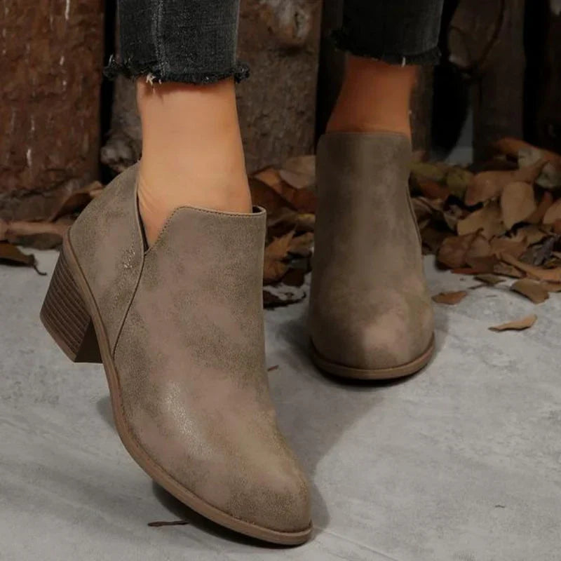 Women's V-Cut Ankle Booties with Side Zip and Block Heel