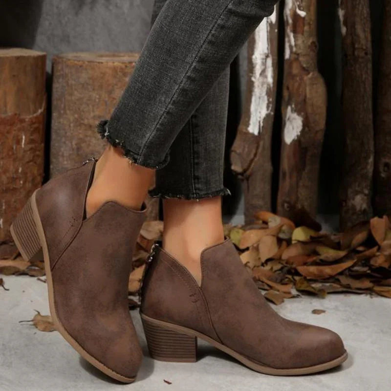 Women's V-Cut Ankle Booties with Side Zip and Block Heel