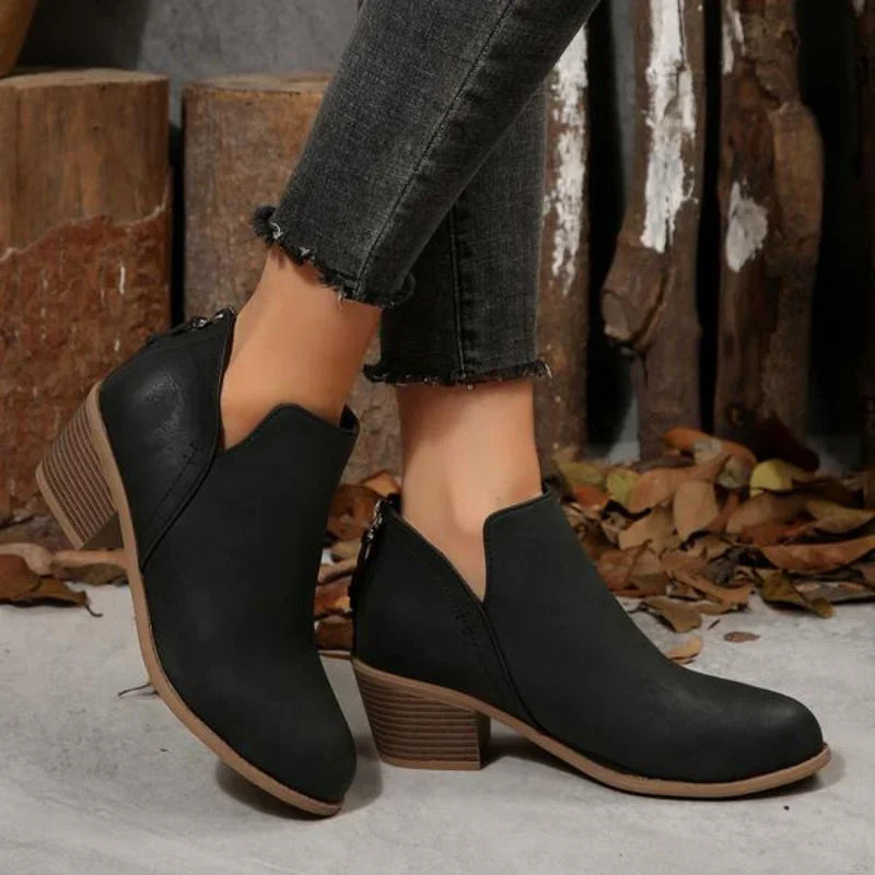 Women's V-Cut Ankle Booties with Side Zip and Block Heel