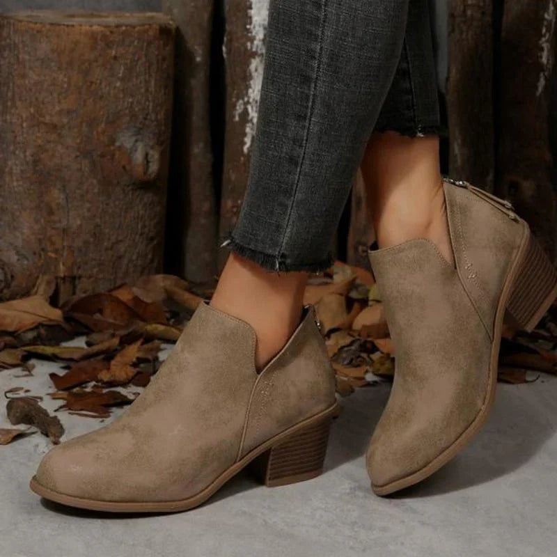 Women's V-Cut Ankle Booties with Side Zip and Block Heel