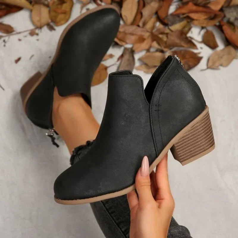 Women's V-Cut Ankle Booties with Side Zip and Block Heel