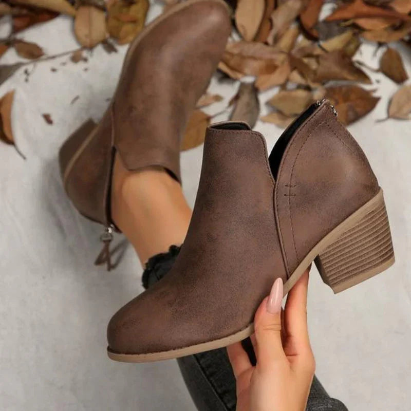 Women's V-Cut Ankle Booties with Side Zip and Block Heel
