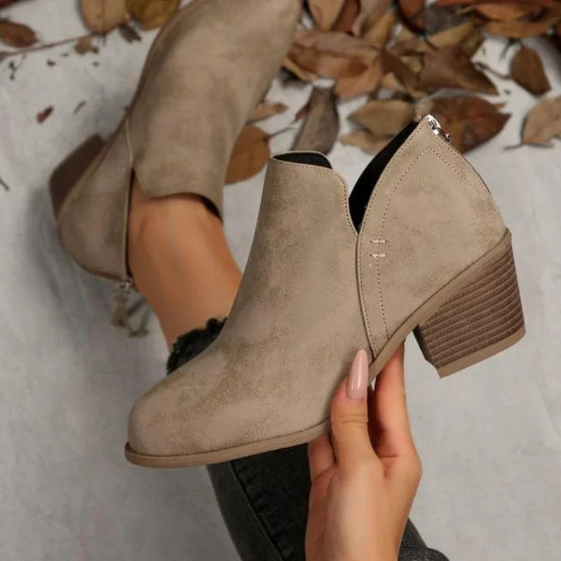 Women's V-Cut Ankle Booties with Side Zip and Block Heel