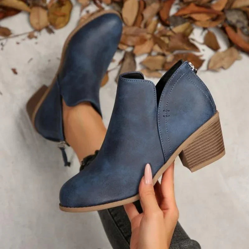 Women's V-Cut Ankle Booties with Side Zip and Block Heel