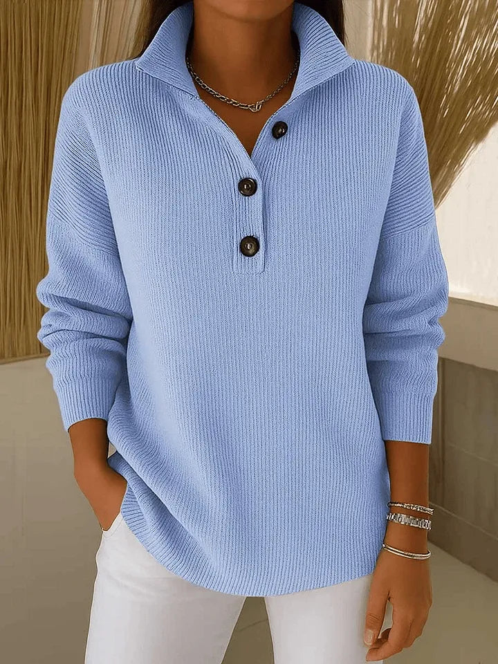 Women's V-Neck Button Placket Polo Sweater