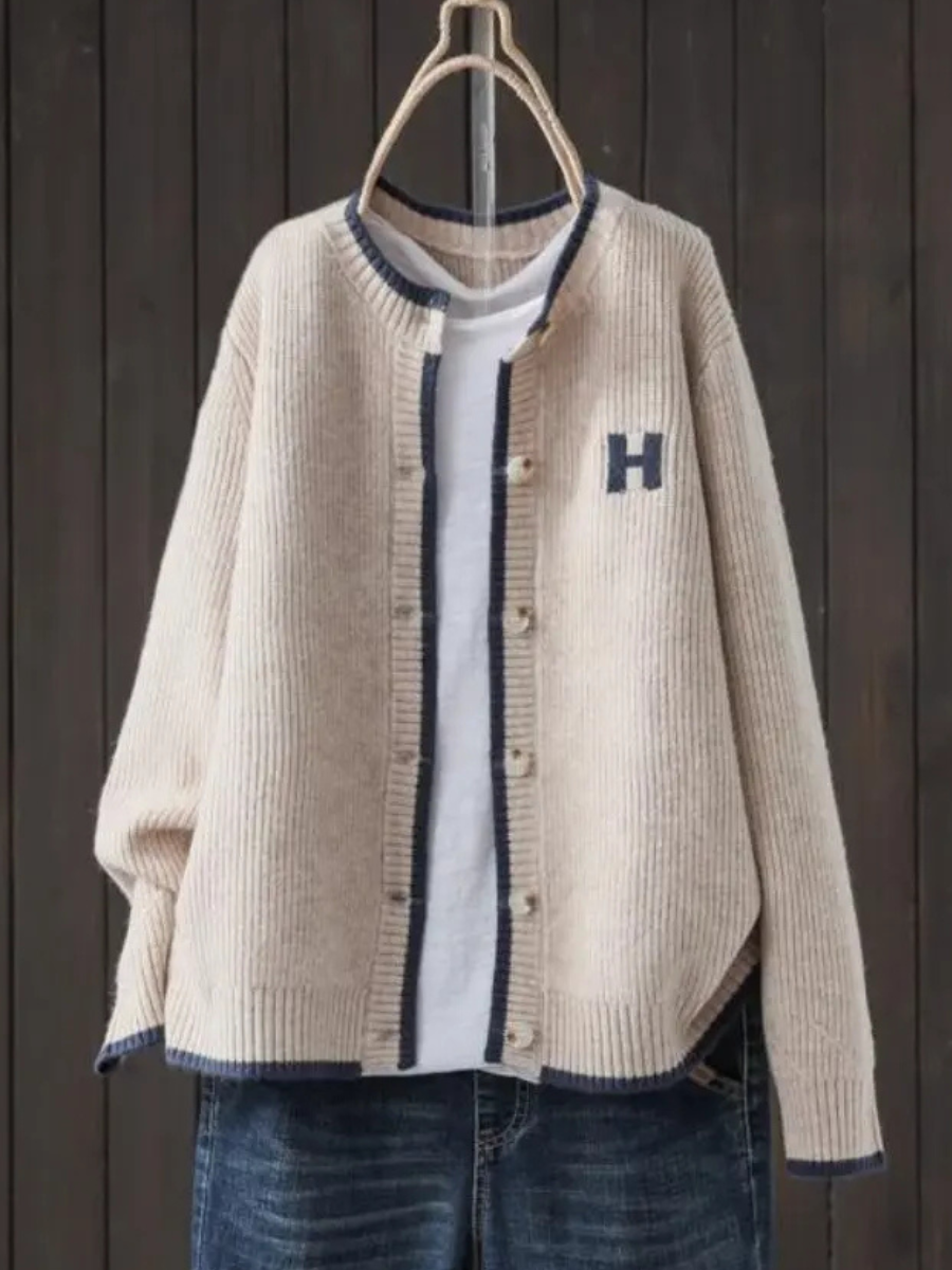 Women's Varsity Letter Patch Contrast Trim Cardigan Sweater