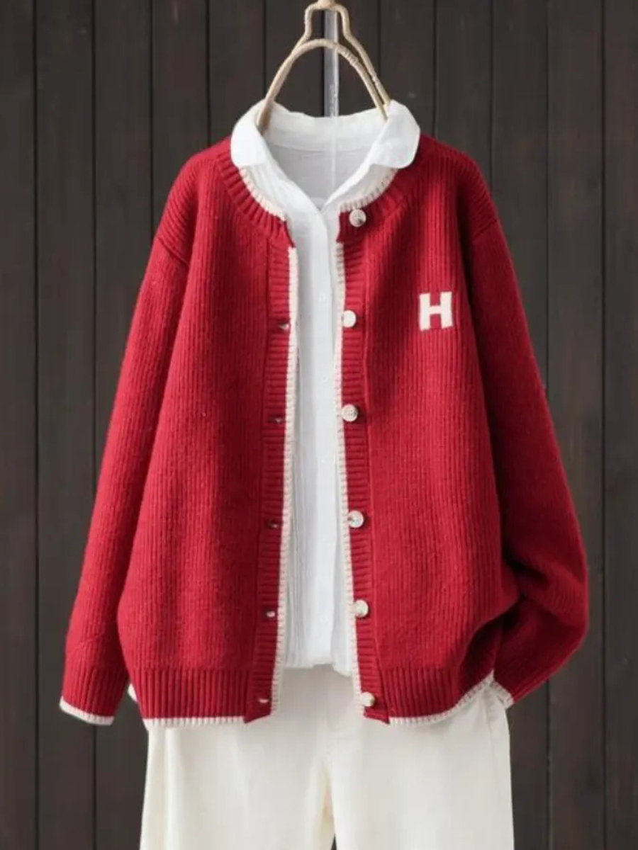 Women's Varsity Letter Patch Contrast Trim Cardigan Sweater