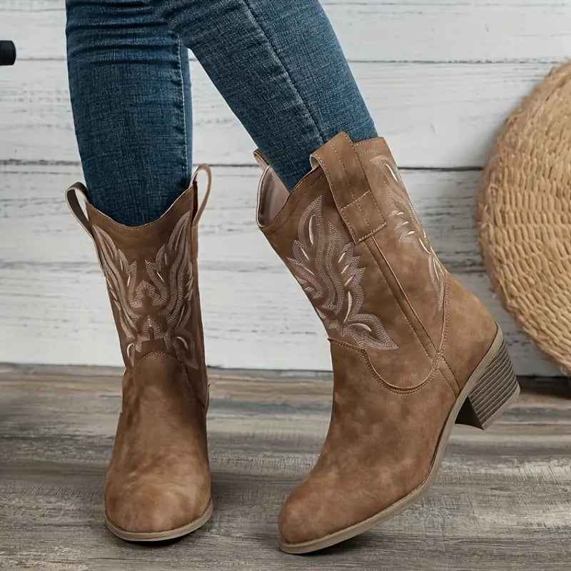Women's Western Cowgirl Boots with Embroidered Floral Design and Block Heel