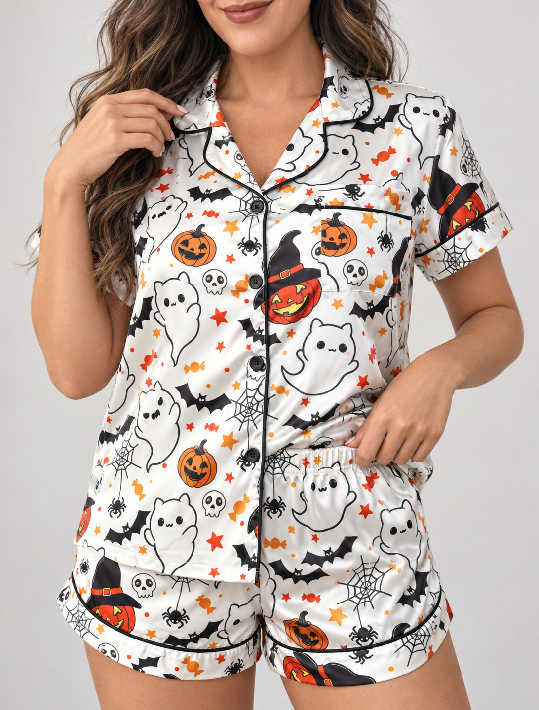 Women's White Ghost Satin Halloween Pajama Set